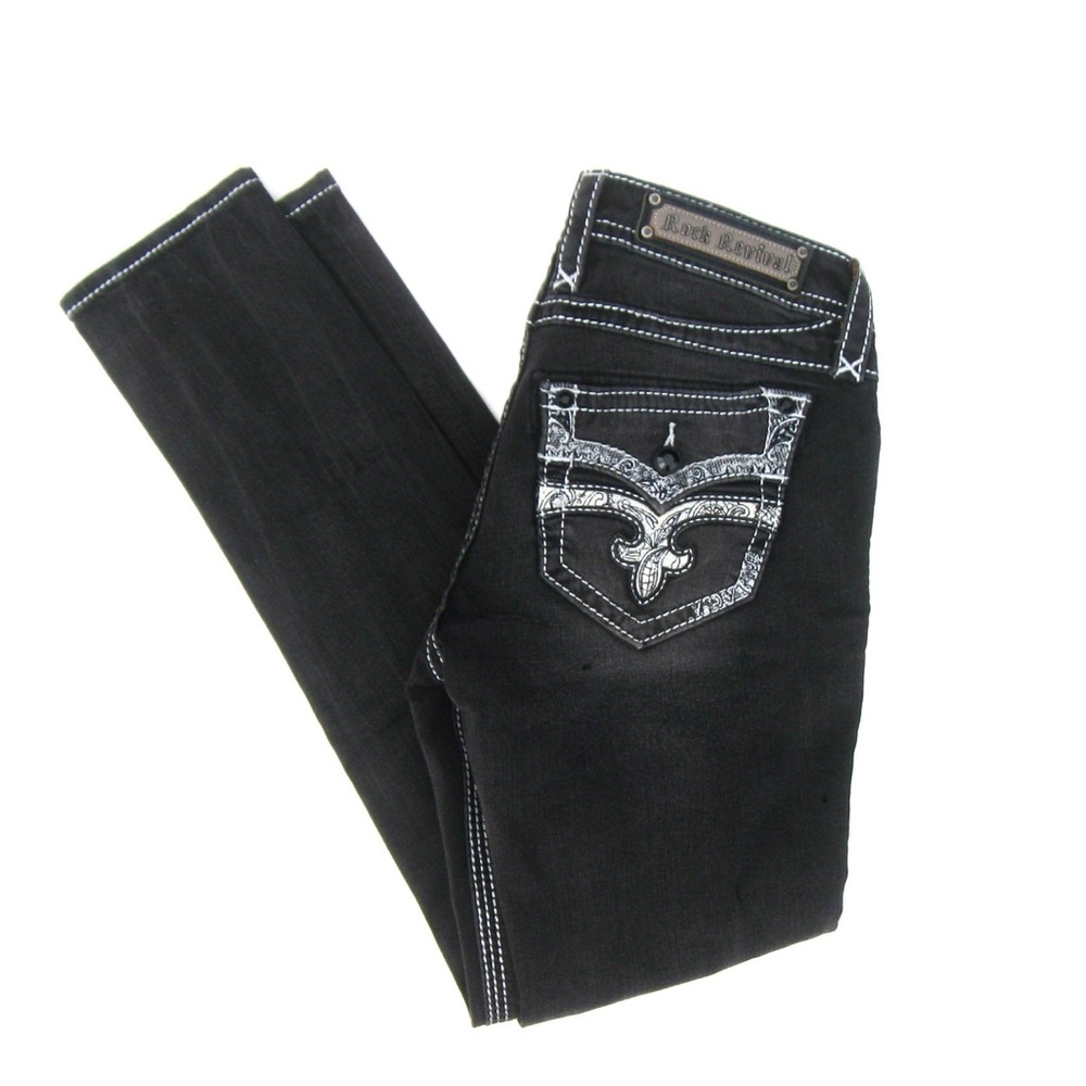 ROCK REVIVAL Barbila Distressed Black WOMENS Embellished Skinny Jeans Sz 30 NEW